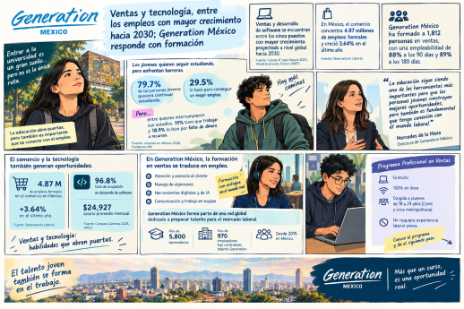 Ventas y tecnología, entre los empleos con mayor crecimiento hacia 2030; Generation México responde con formación